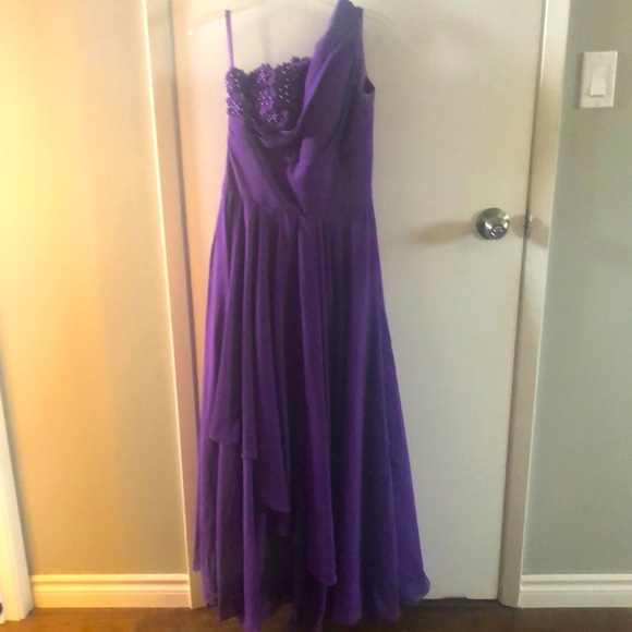 Purple, one shoulder floor length prom dress, teared/layered skirt - Picture 1 of 4